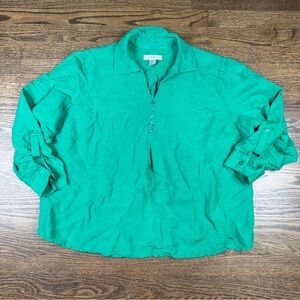 CJ Banks Shirt Womens 2XL‎ Green Button Front Roll Tab Sleeve Lightweight Top